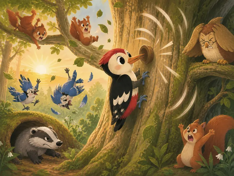 Danny drums triumphantly with the wooden button as the startled forest wakes.