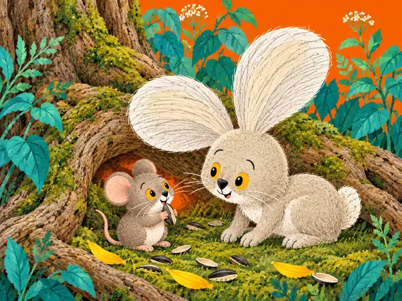 A tiny mouse nibbles a sunflower seed beneath a tree root while Zajo crouches nearby.