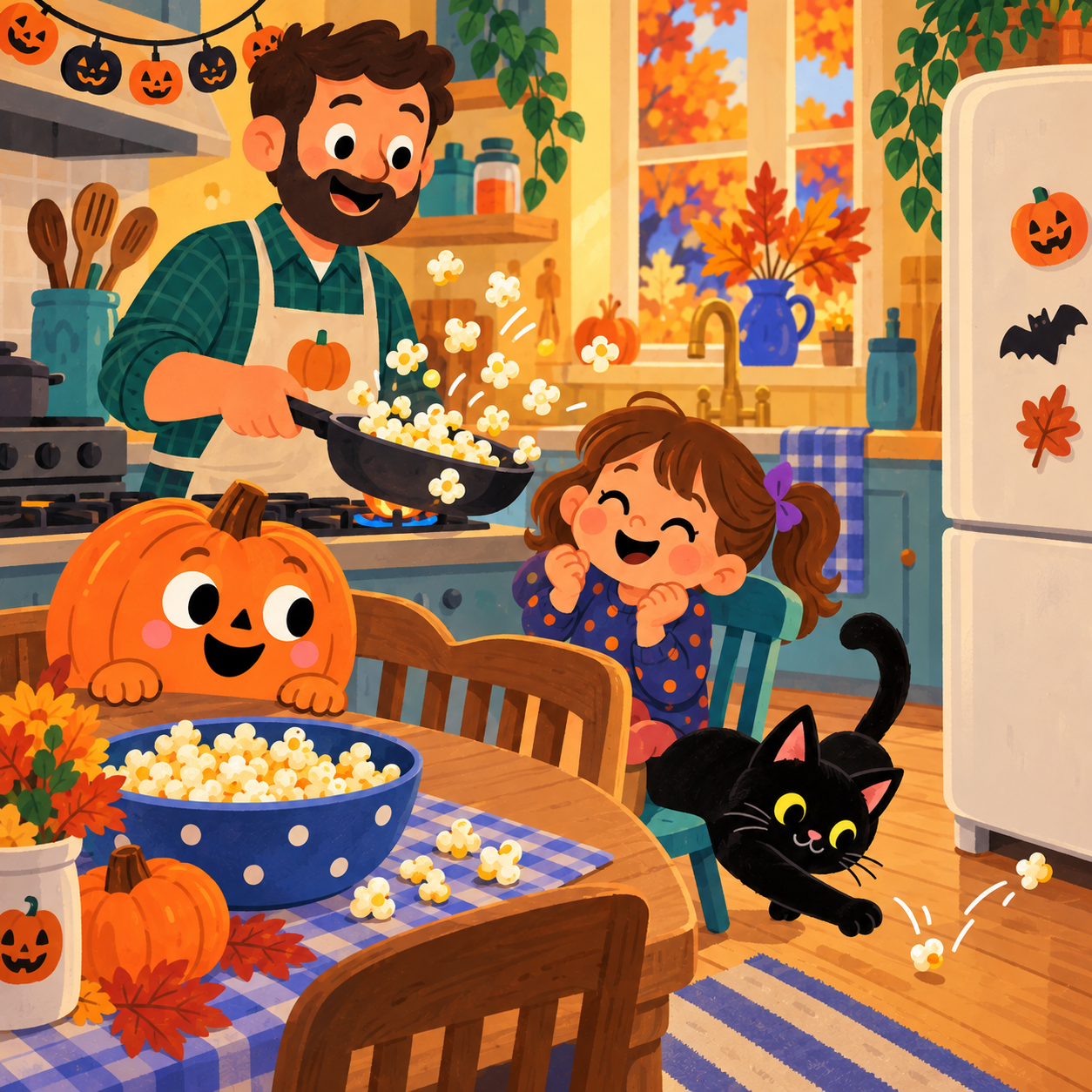 Papá prepara palomitas en la cocina mientras Suzy se ríe y Shushu empuja un grano perdido hacia la nevera.