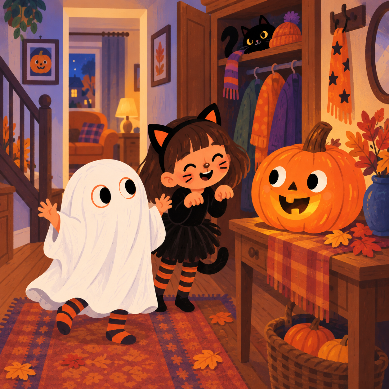 Ollie, cubierto con una sábana de fantasma, se coloca delante de Tappy mientras Suzy lleva orejas de gata y Shushu se asoma desde el armario.