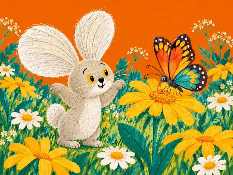 Butterfly sips nectar from a yellow flower as Zajo flutters his paws like wings.