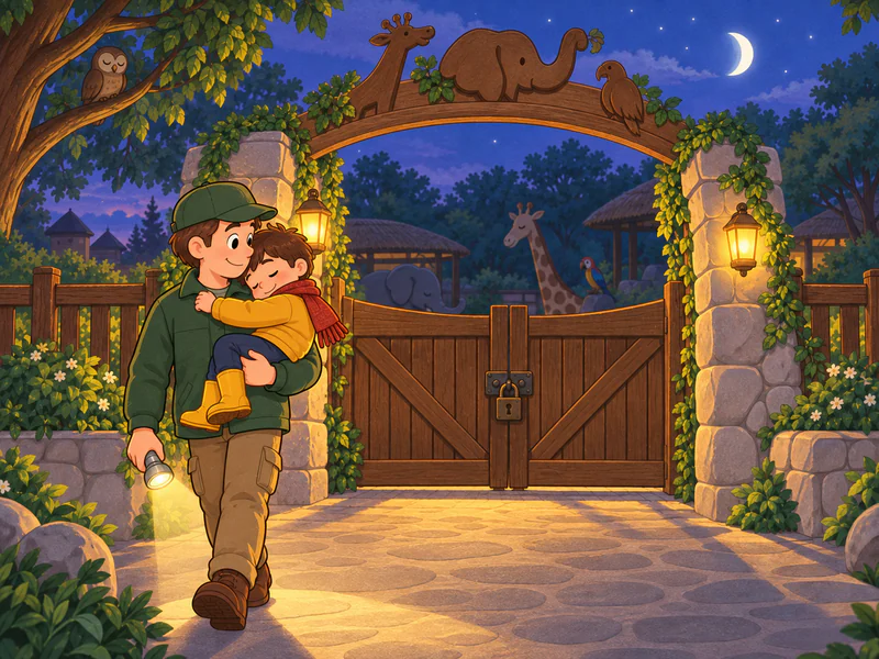 Dad carries sleepy Steve away from the locked zoo gate.