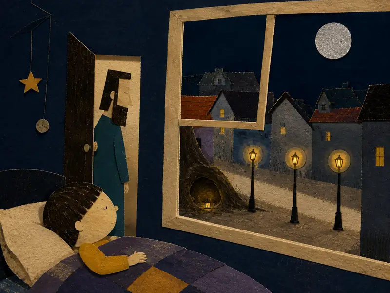 Theo sleeps peacefully while the golden streetlamps watch over the quiet town.