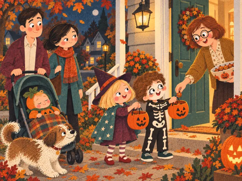 Ms. Parker giving pumpkin-shaped chocolates to Brian and Mia at her front door