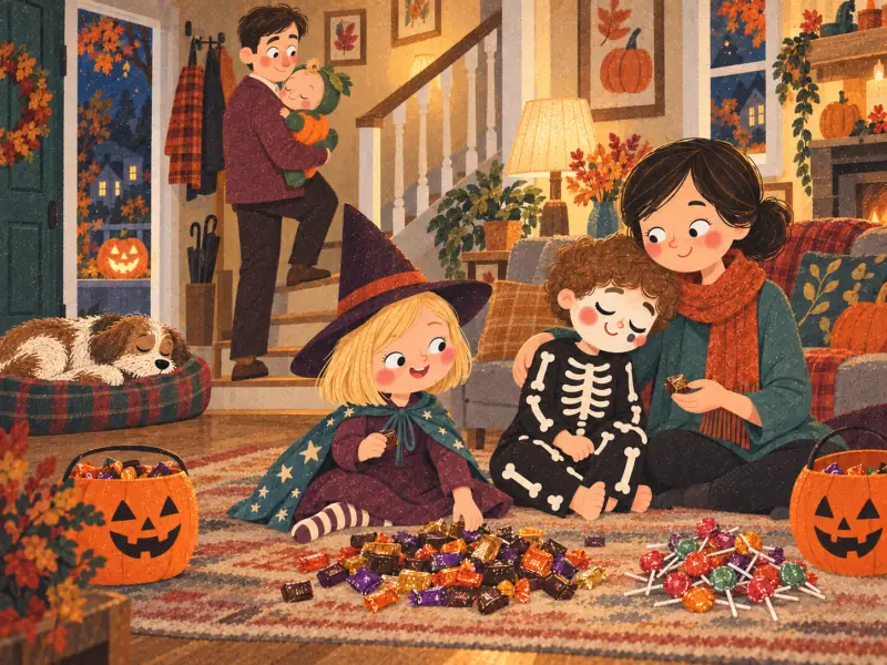 Brian and Mia sorting their Halloween candy at home while the family settles down for the night
