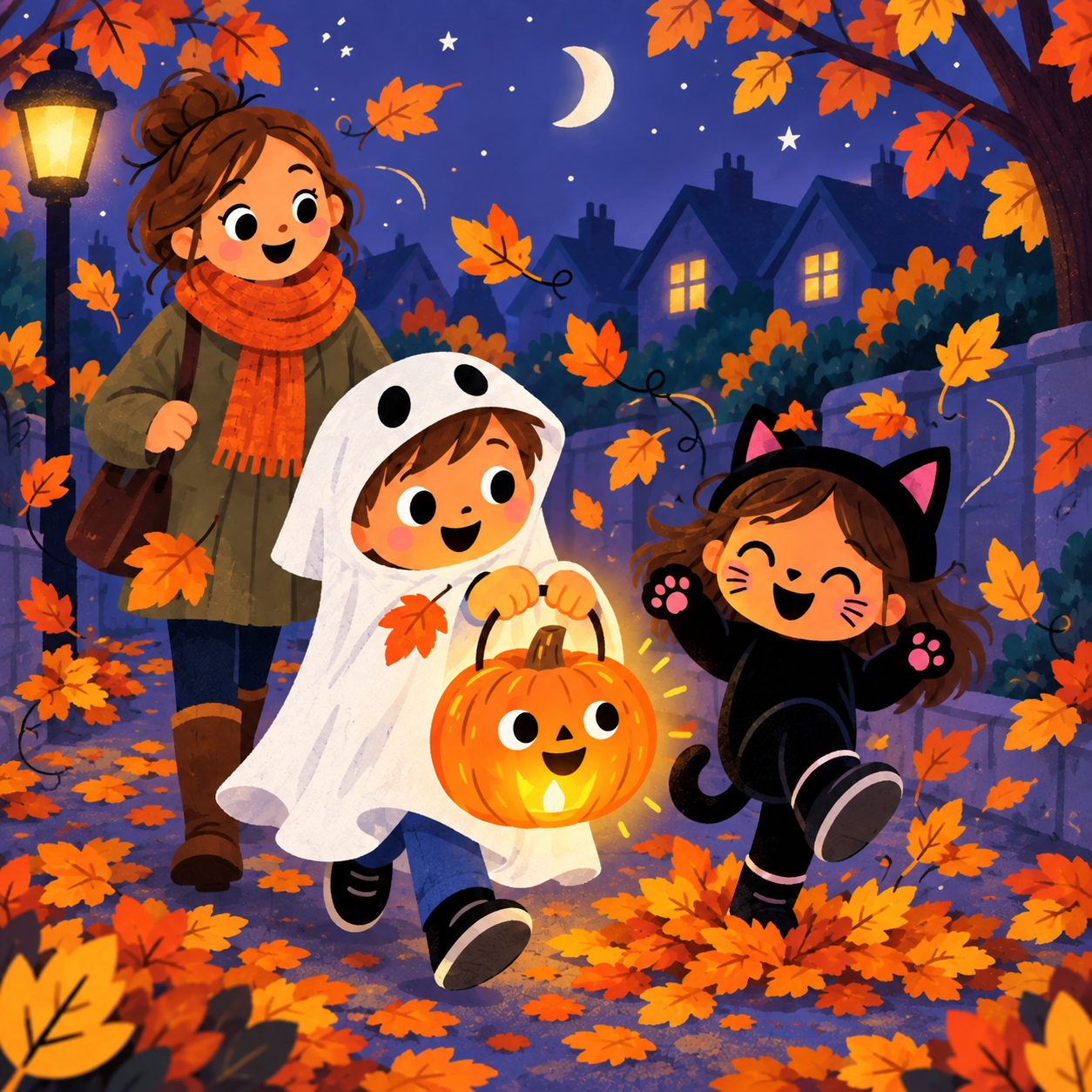 Una hoja cae sobre la sábana de fantasma de Ollie mientras lleva el farol de Tappy por la tarde azul de Halloween.
