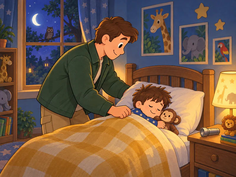 Dad tucks Steve into bed while the moon shines through the window.