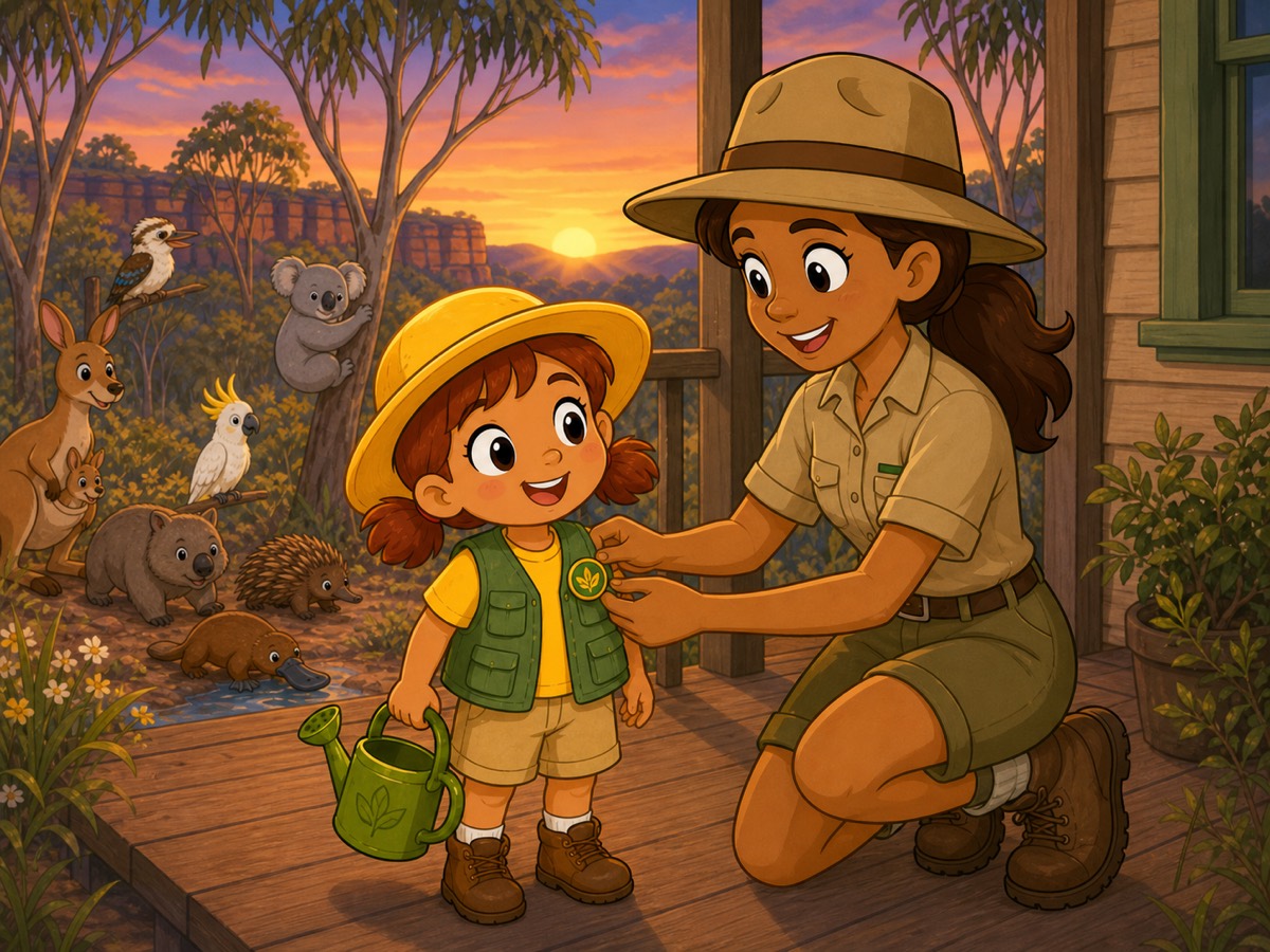 Auntie Kylie gives a proud Tilly a green park-helper badge at the ranger cottage.