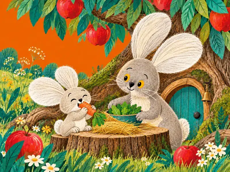 Mummy Rabbit serves hay, green leaves and a carrot while Zajo takes a joyful crunchy bite.