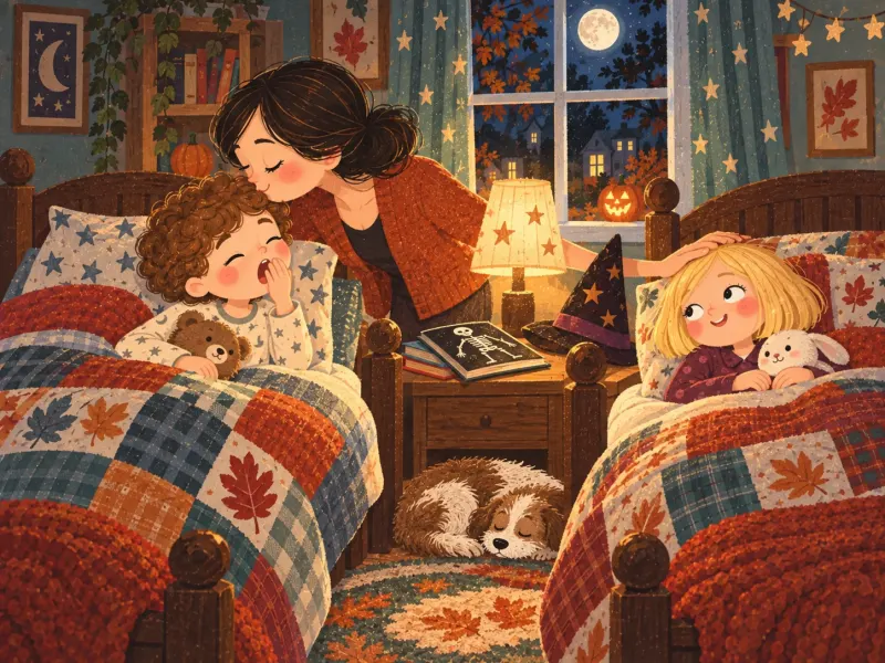 Mom tucking Brian and Mia into bed after their Halloween adventure while the jack-o'-lantern glows outside