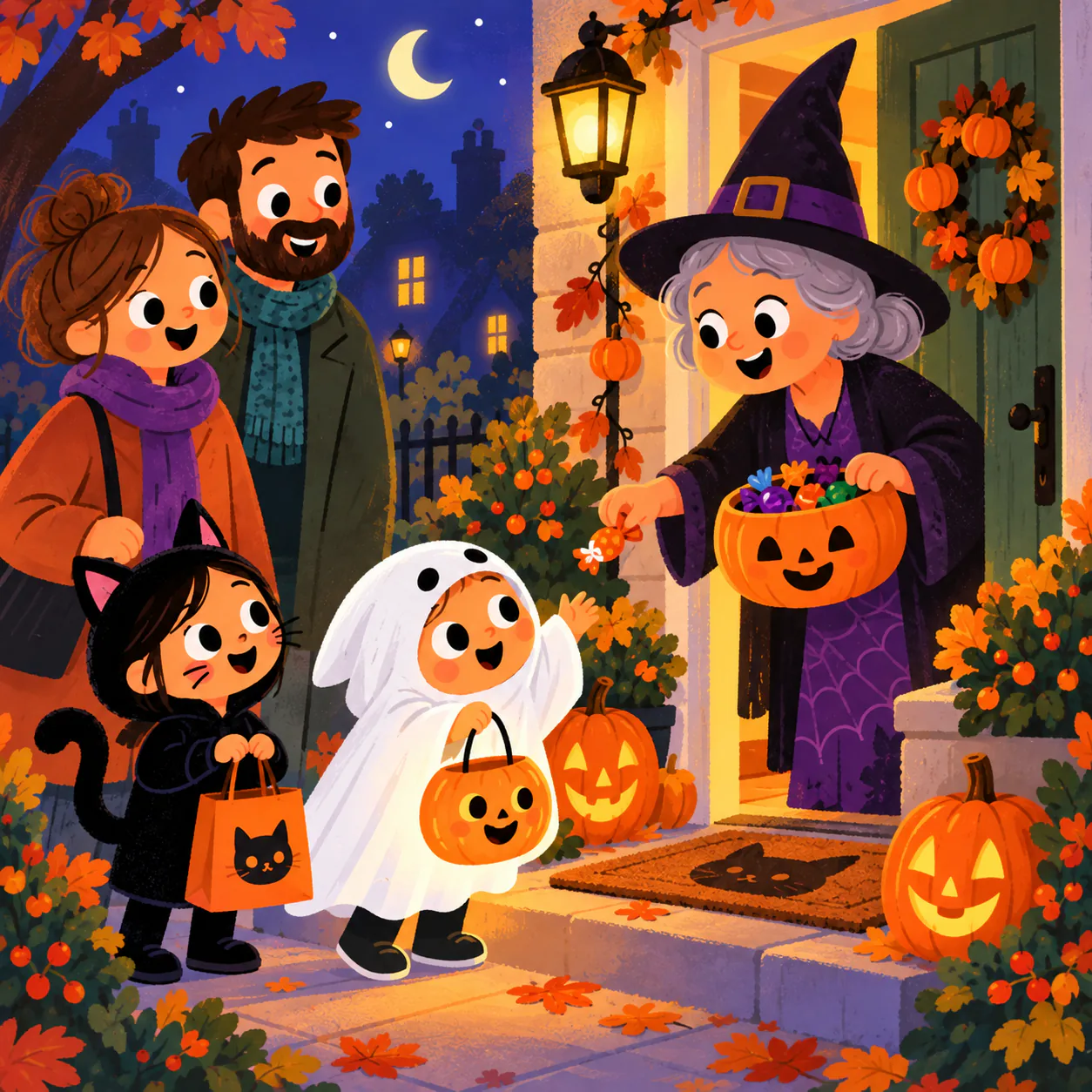 A friendly lady in a pointed hat opens the door while Ollie stands tall in his ghost costume.