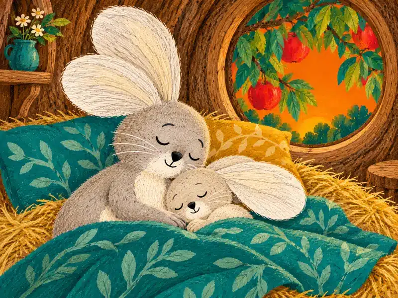 Full and sleepy, Zajo curls up under a teal blanket beside Mummy Rabbit.