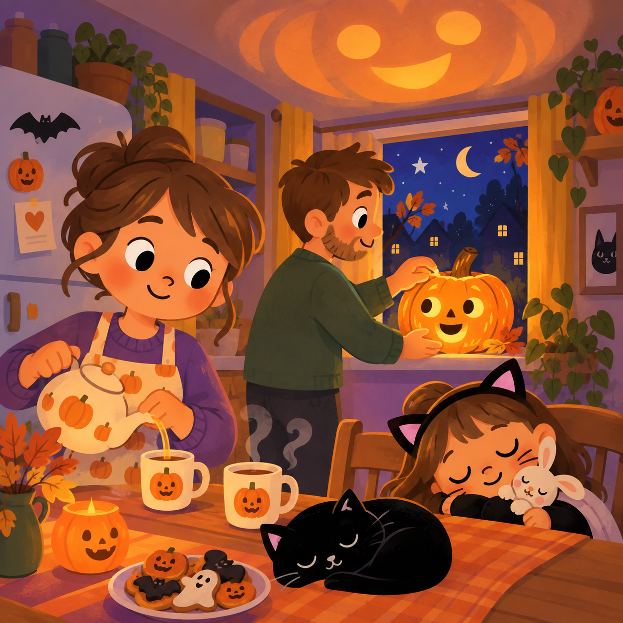Tappy brilla en el alféizar mientras mamá prepara té y una sonrisa naranja de calabaza ilumina el techo.