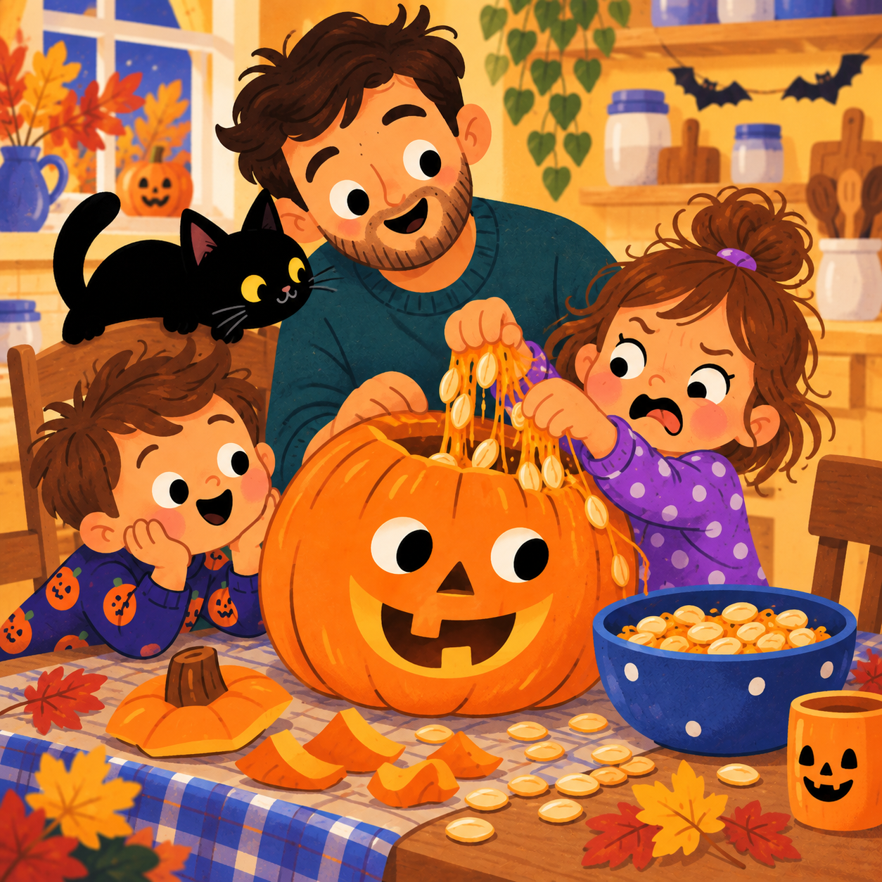Suzy pone una divertida cara de espanto mientras saca semillas resbaladizas de Tappy la calabaza y Ollie y papá la miran.