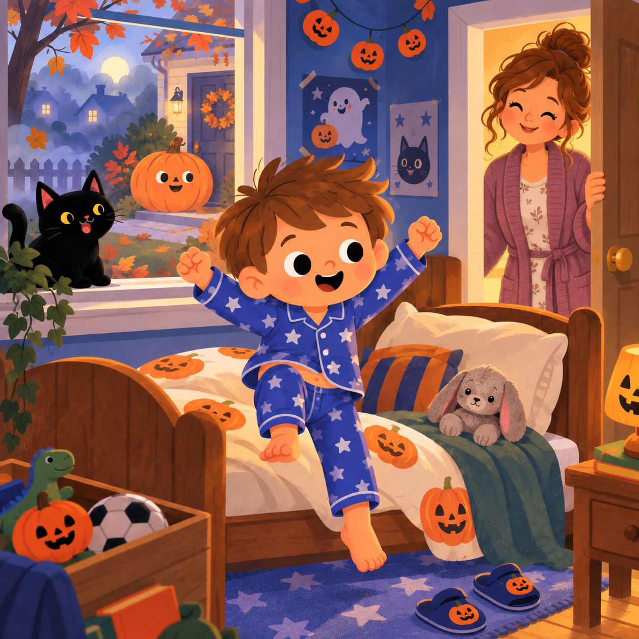 Ollie salta feliz de la cama en la mañana de Halloween mientras Shushu observa y mamá sonríe desde la puerta.