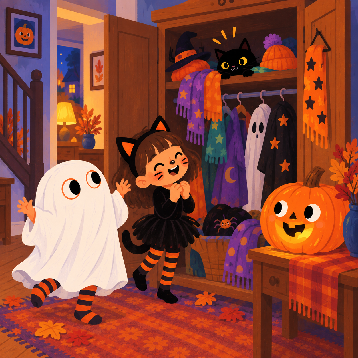 Shushu, el gato negro, aparece escondido en el armario mientras Ollie y Suzy se ríen con sus disfraces de Halloween.