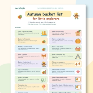Primer plano de la colorida Lista de deseos de otoño para niños imprimible con actividades ilustradas.