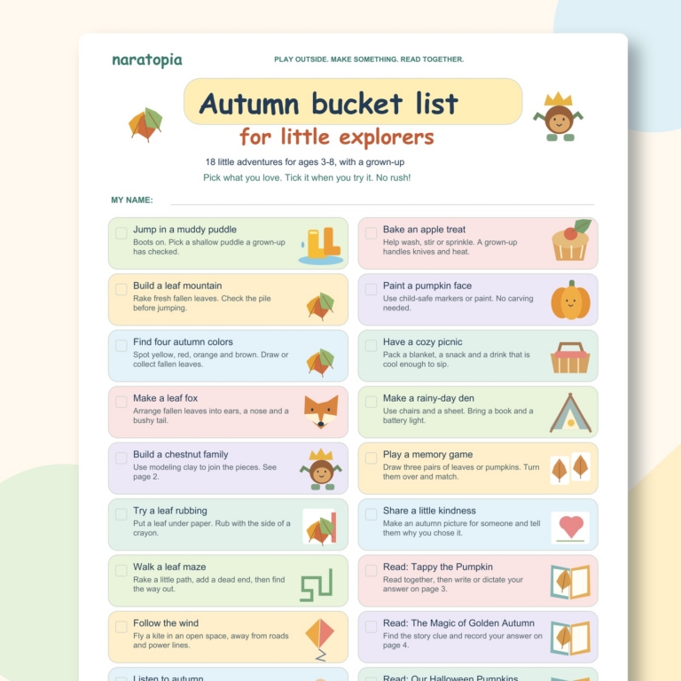 Primer plano de la colorida Lista de deseos de otoño para niños imprimible con actividades ilustradas.