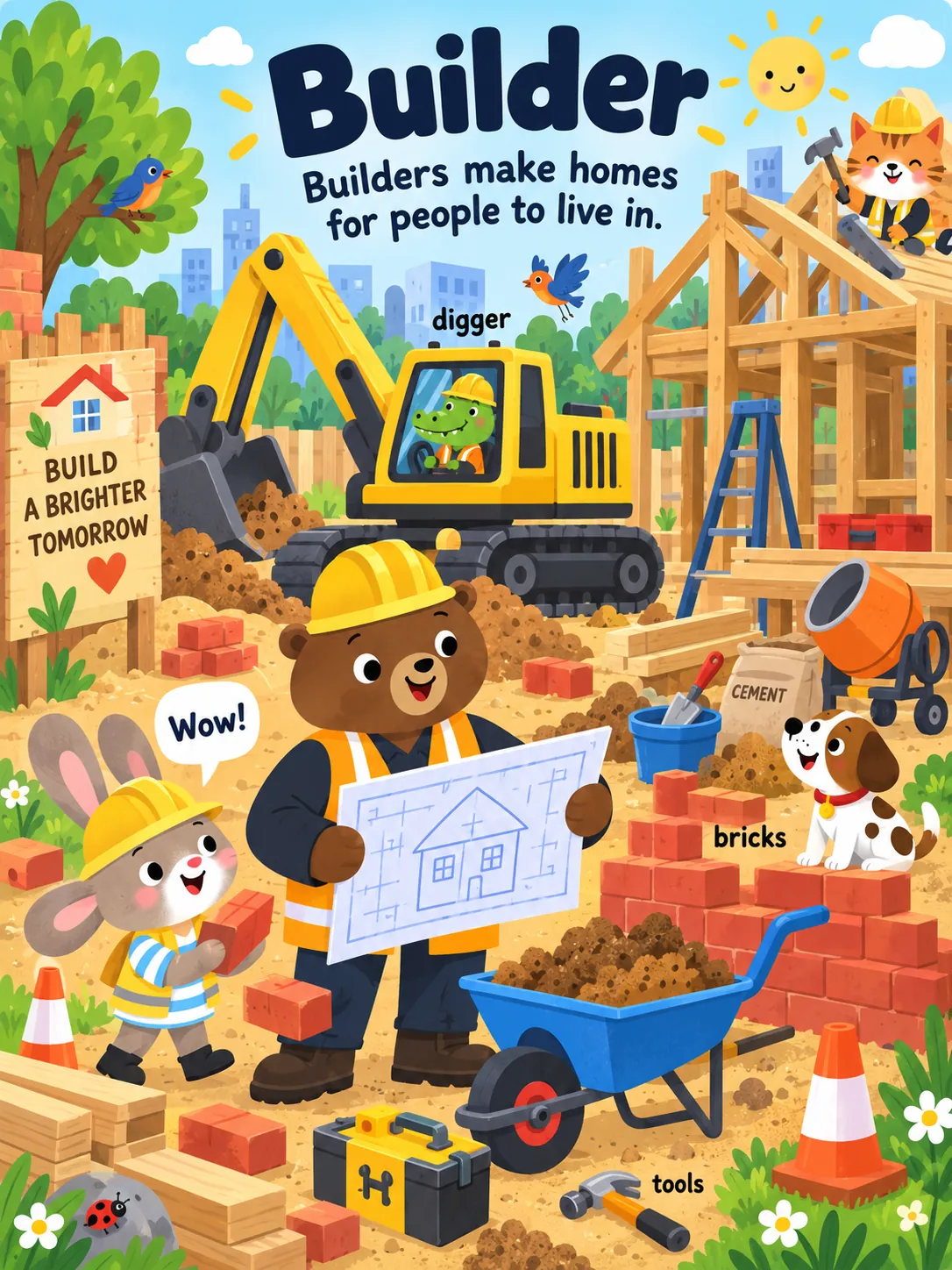 A bear builder shows a house plan at a construction site