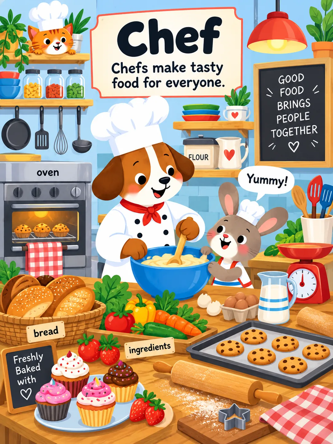 A dog chef and a young rabbit mix ingredients in a kitchen