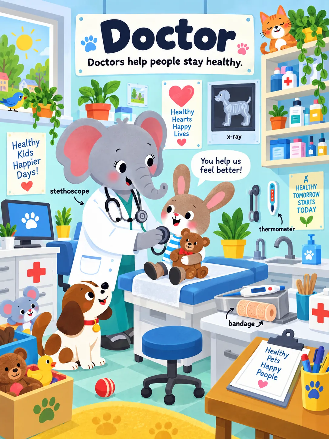 An elephant doctor checks a young rabbit at a colorful clinic