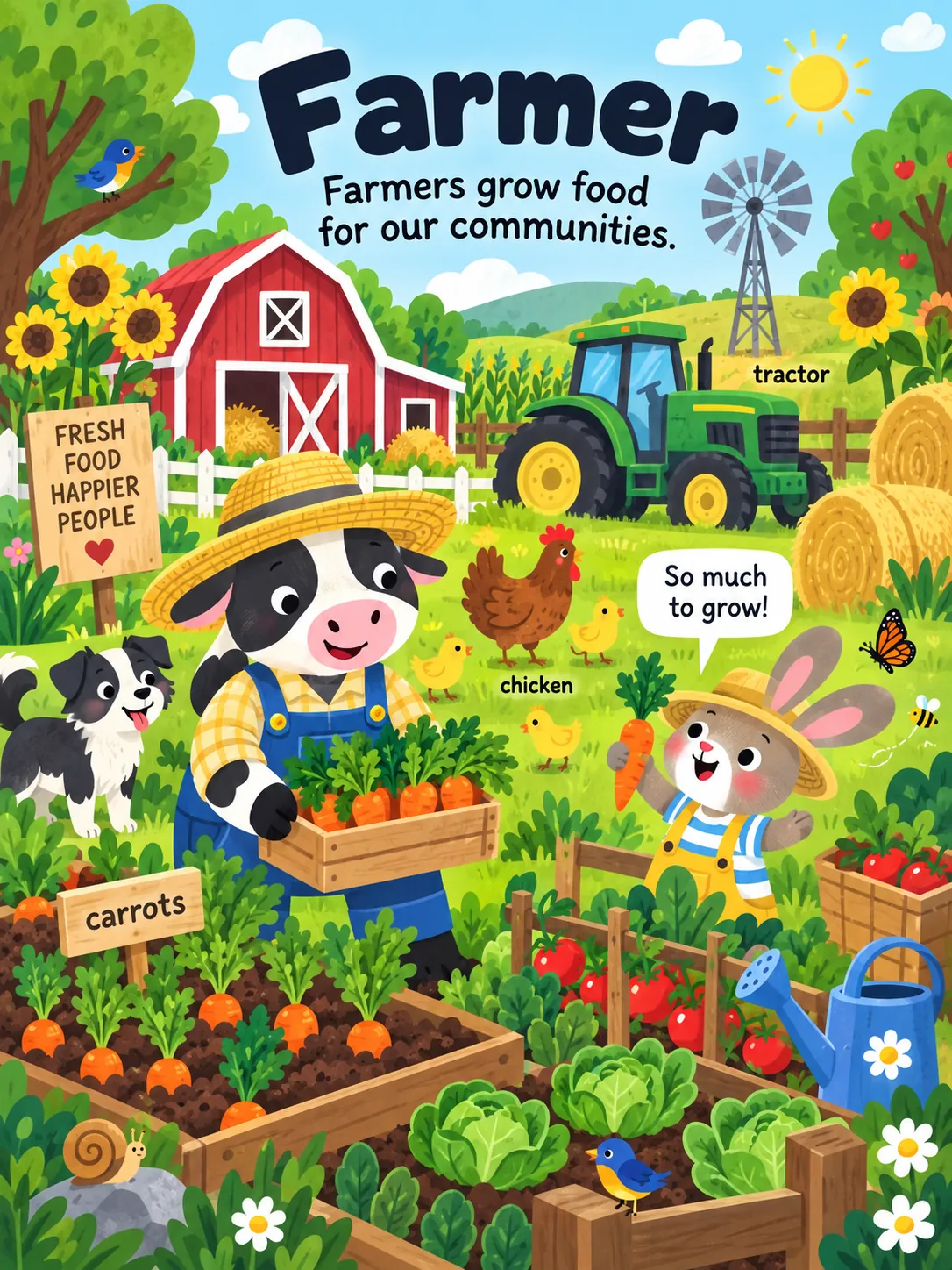 A cow farmer harvests carrots with a young rabbit in a garden