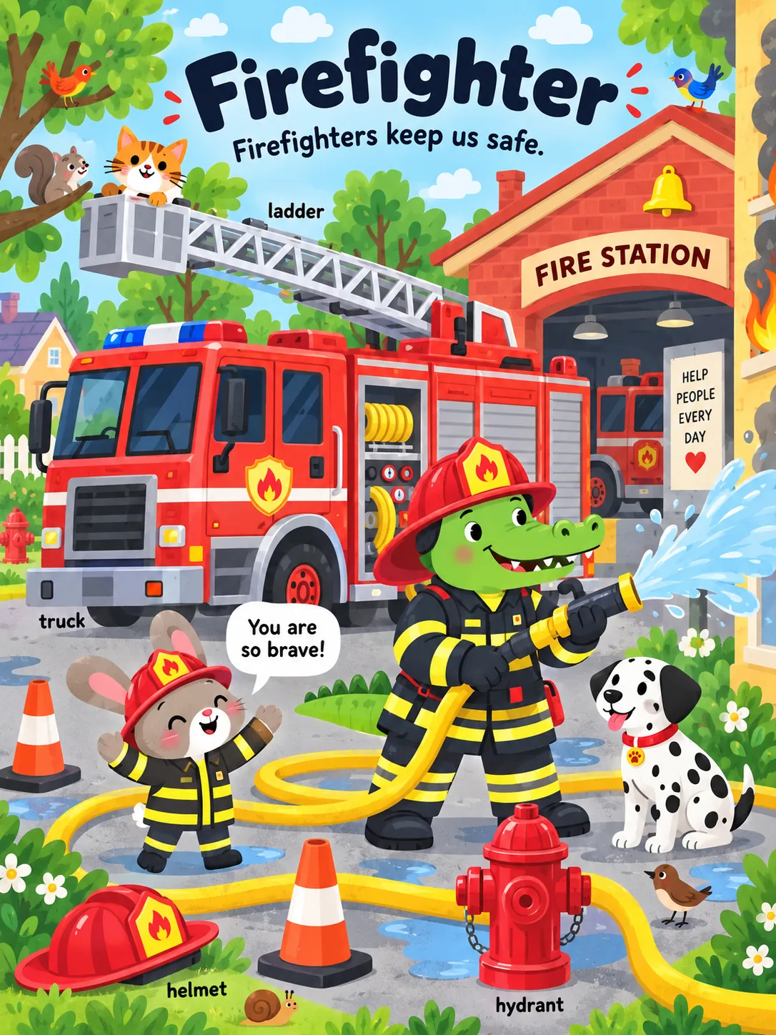 A crocodile firefighter sprays water beside a fire truck