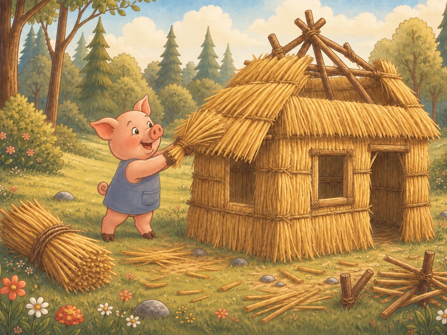 The first little pig in a blue tunic builds a straw house in a sunny meadow.