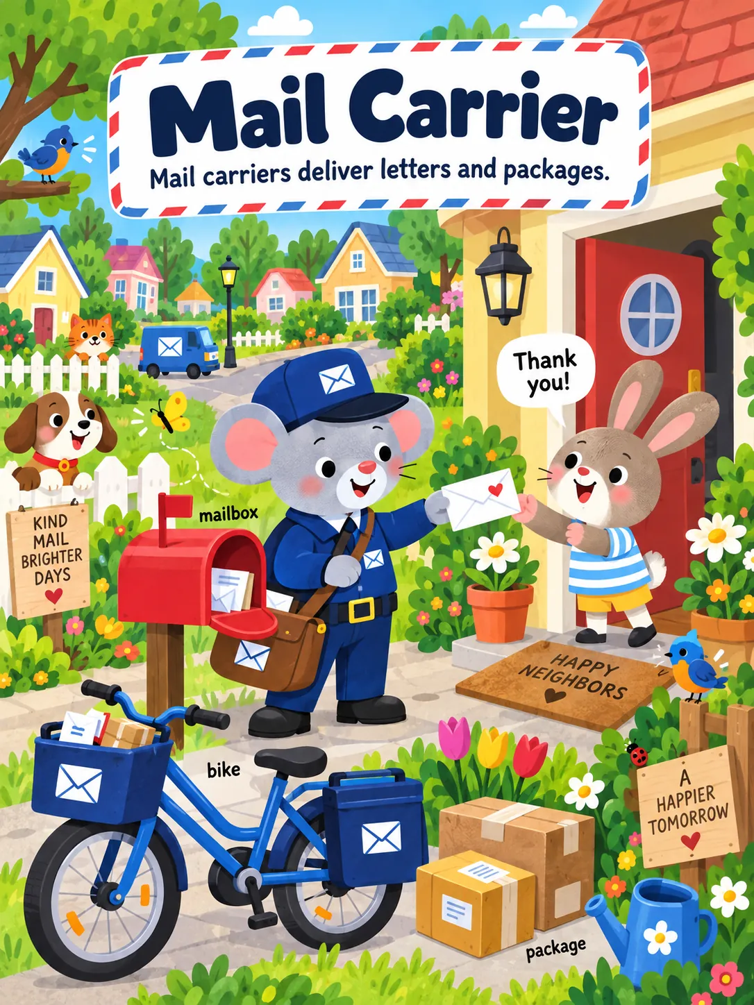 A mouse mail carrier delivers a letter to a young rabbit