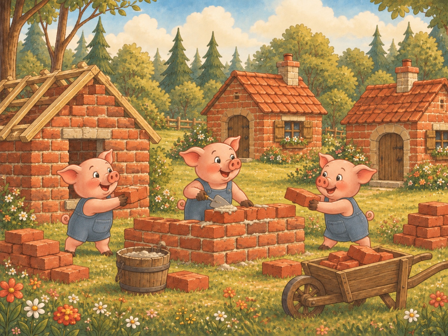 The three piglets in blue tunics work together to build sturdy brick homes.