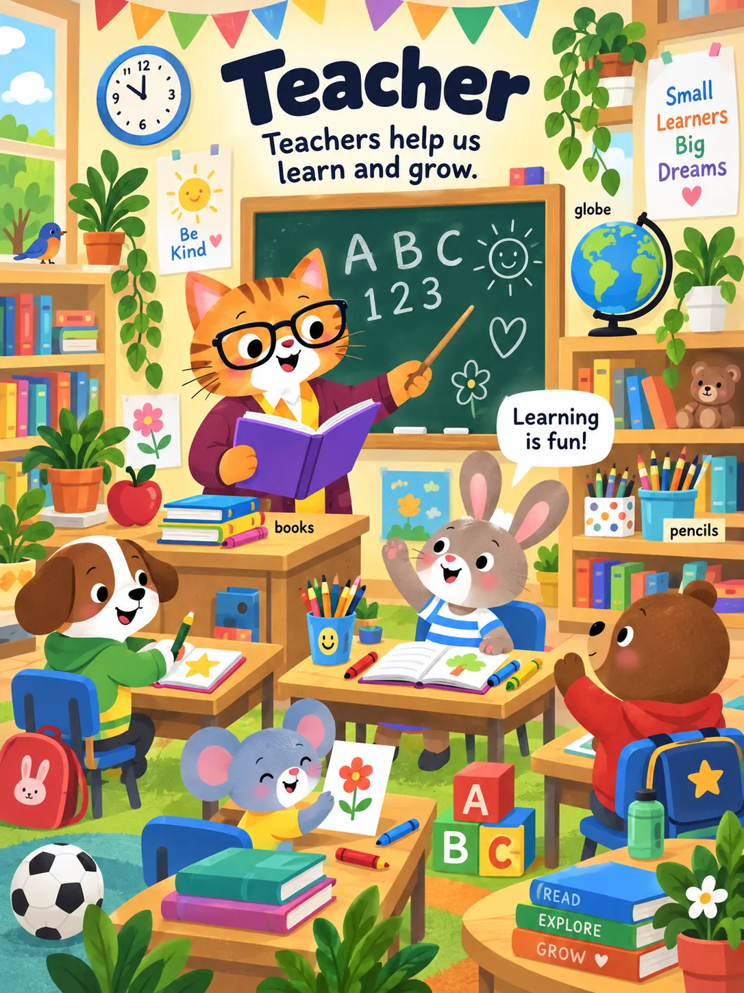 A cat teacher helps animal children learn in a bright classroom
