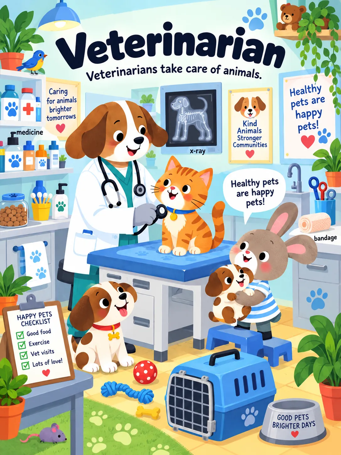 A dog veterinarian examines a cat at a cheerful animal clinic