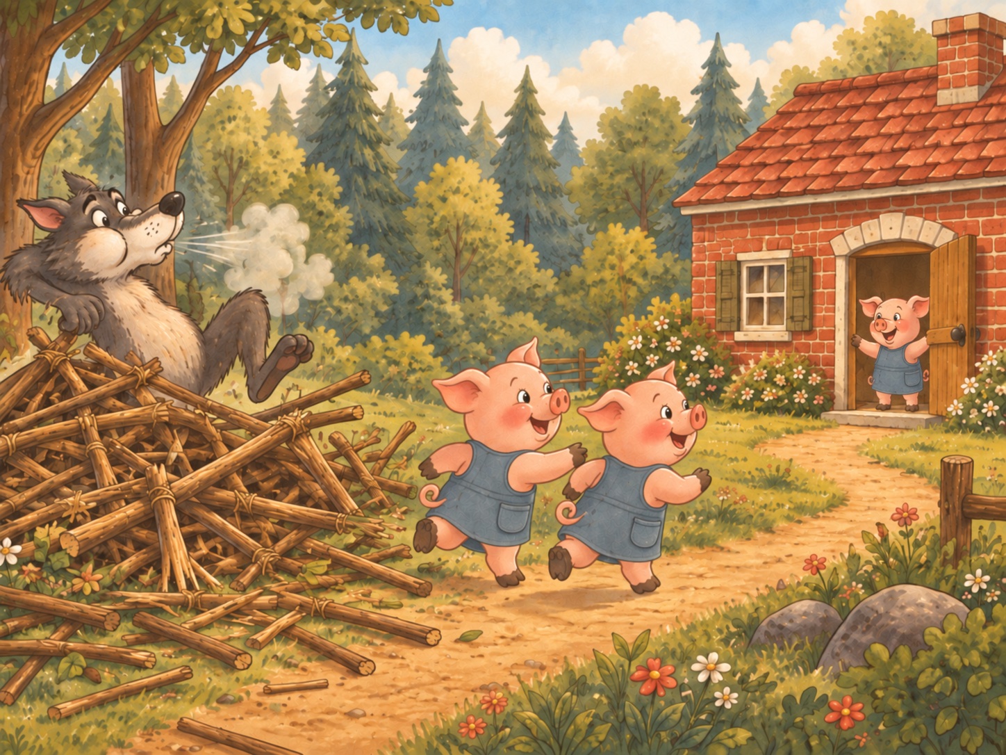 Two piglets in blue tunics run to their brother's brick house as the stick house falls.