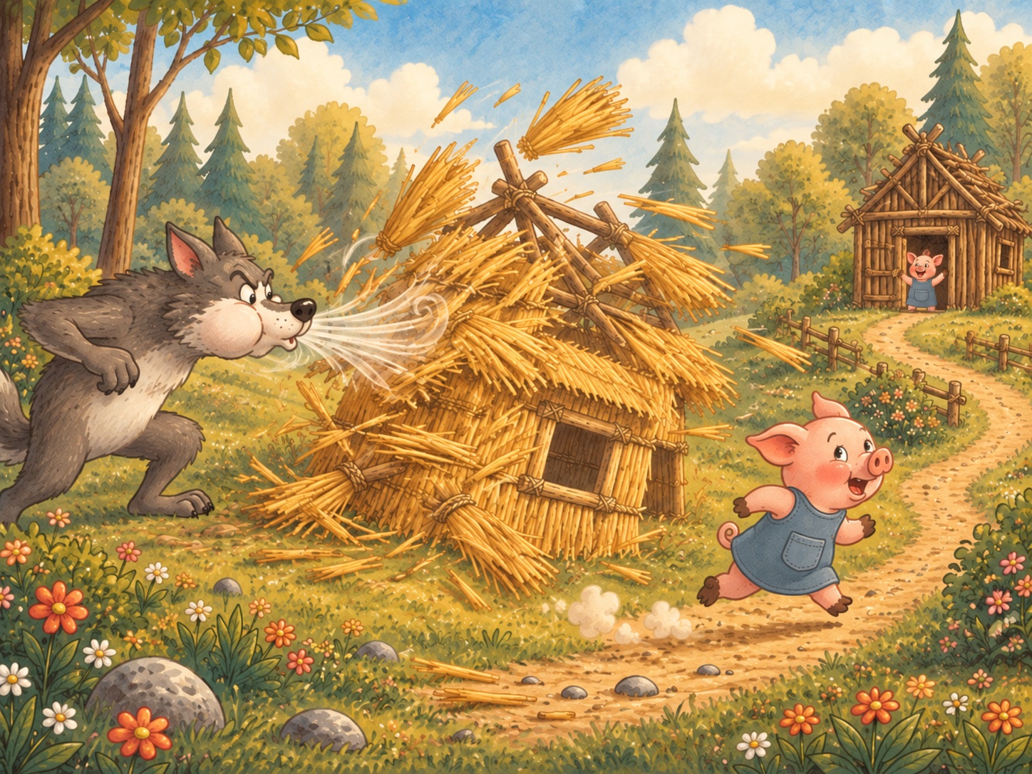The wolf blows down the straw house while the first piglet runs to safety.
