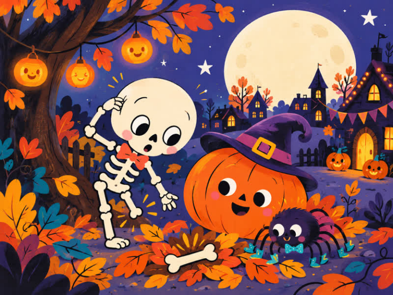 Bonesy, Bertha, and Pipo search for the lost bone under the Halloween moon