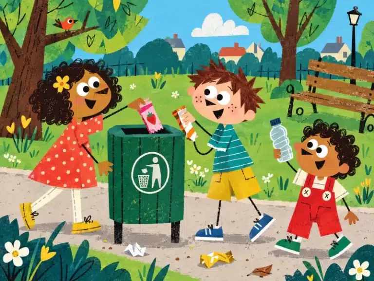 Rose, Felix and Johnny cheerfully put litter into a green bin in a bright, clean park.