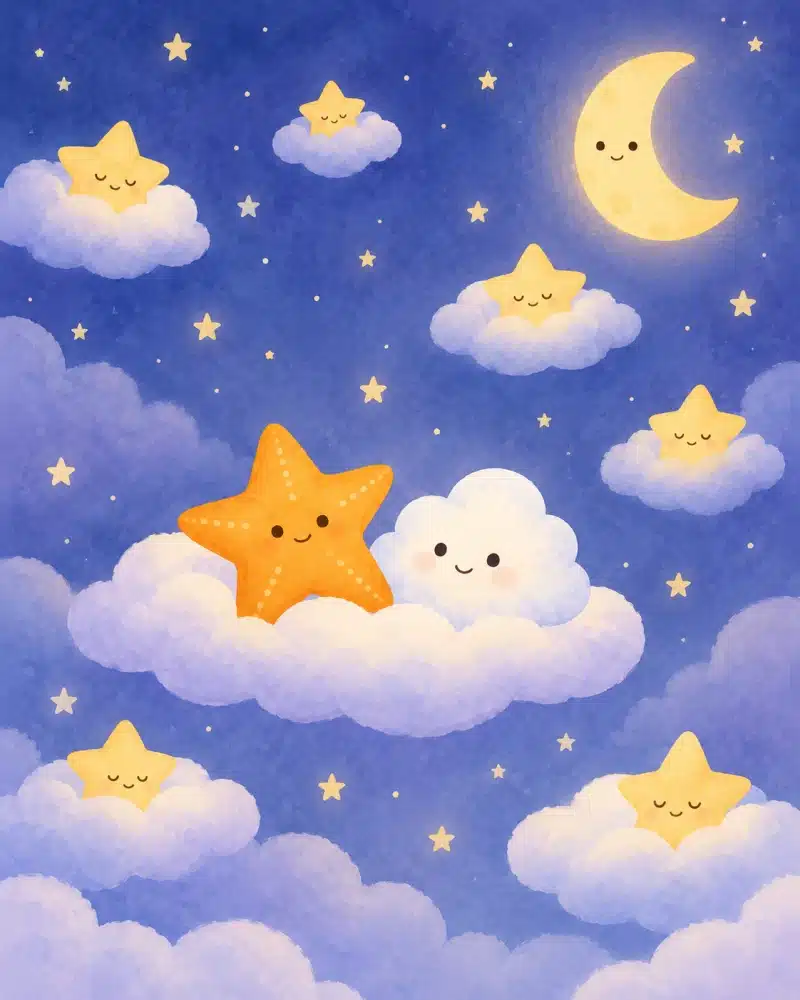 Unas estrellitas soñolientas descansan sobre sus suaves almohadas de nube mientras Brillita está junto a Puf.