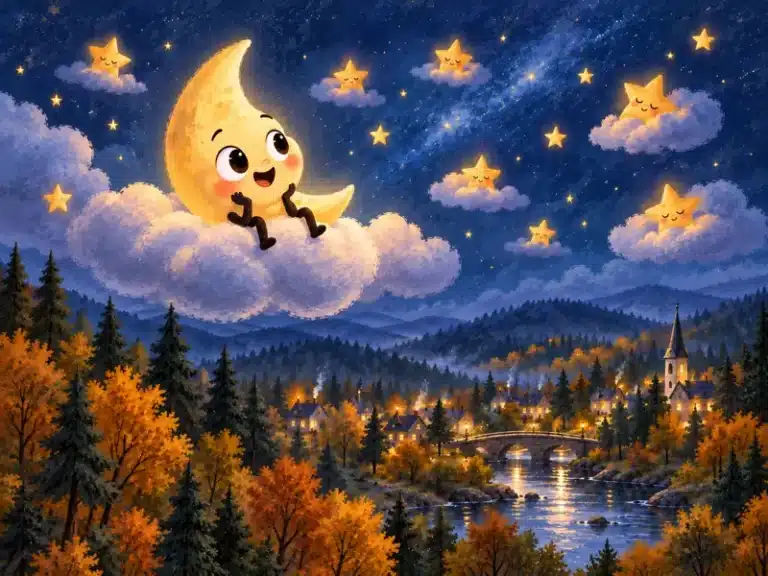 The Little Moon sits among sleepy stars above a quiet forest and glowing village at night.