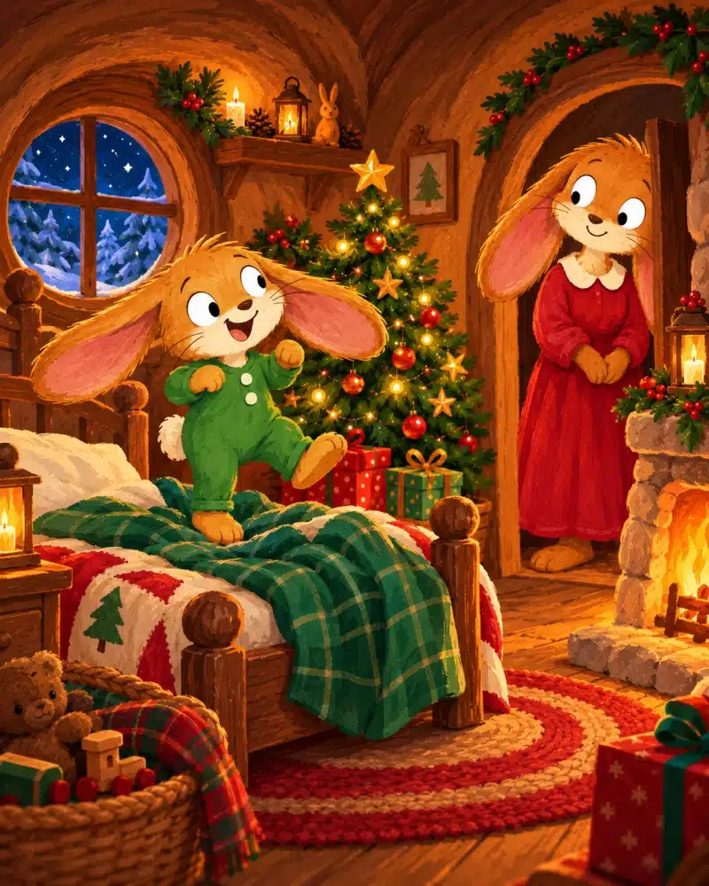 Little Tuck bounces happily on his bed in green pajamas while Mama Bunny watches on Christmas Eve.