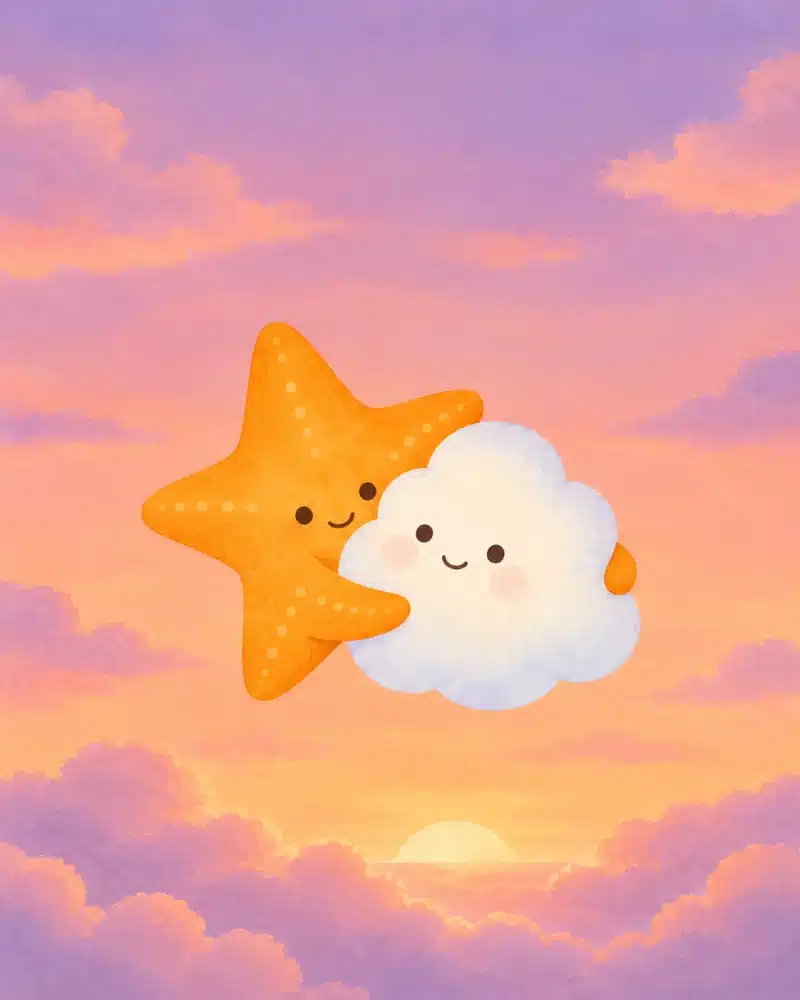 Brillita, la estrella dorada, abraza a su pequeña nube blanca Puf bajo la cálida luz del atardecer.