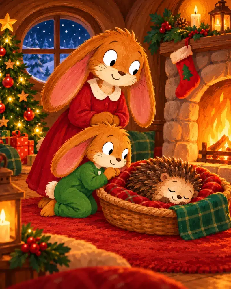 Little Tuck softly says goodnight to Hedgehog sleeping in a basket beside the warm fireplace.
