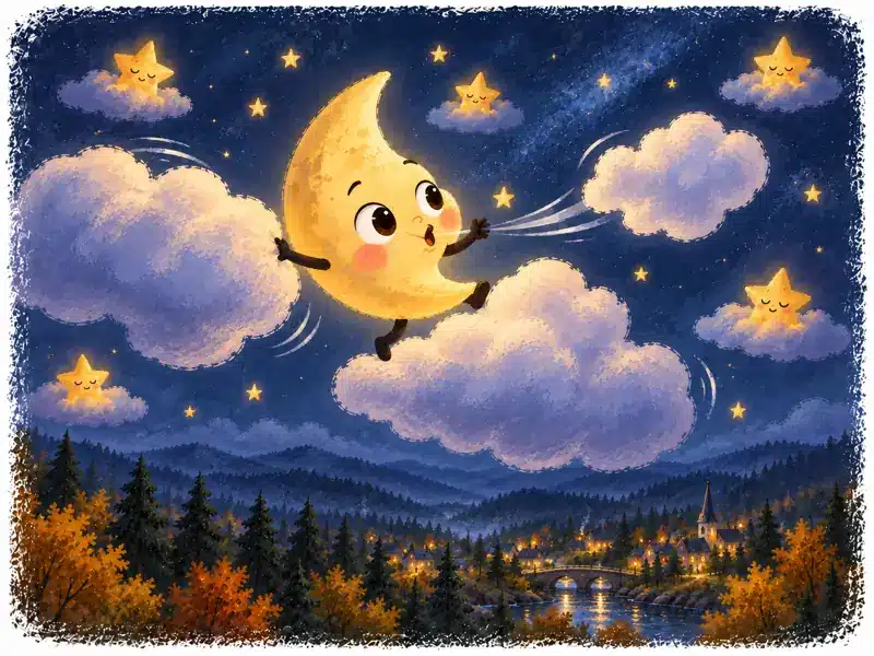 The Little Moon blows soft clouds across the sky and arranges them like fluffy pillows.