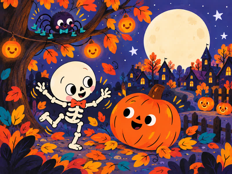 Bonesy, Bertha the Pumpkin, and Pipo the Spider together in their moonlit village