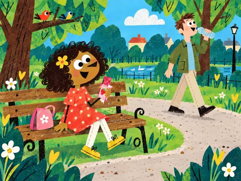 Rose enjoys a strawberry fruit bar on a park bench while a man drinks sparkling water nearby.