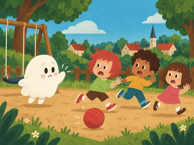 Tres niños sueltan la pelota y huyen cuando el amable Boo les pregunta si puede jugar