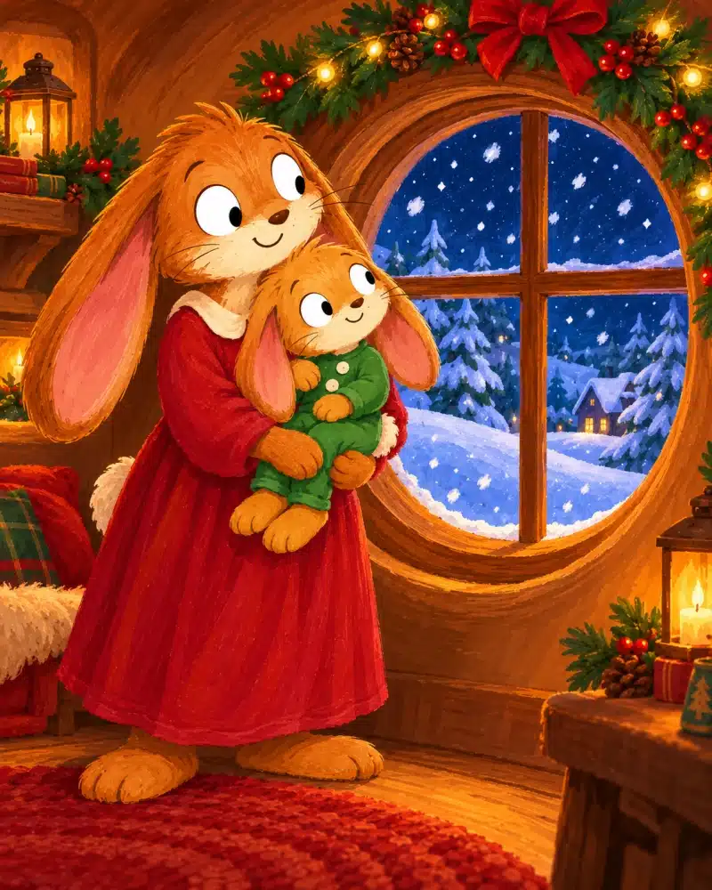 Mama Bunny carries Little Tuck to the round window as snow falls over the quiet Christmas Eve hill.