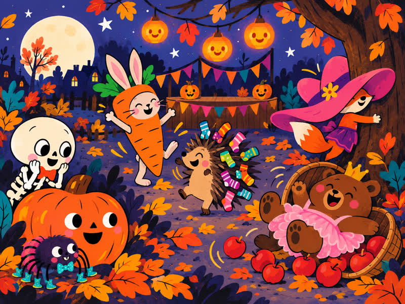 The village animals arrive at the funny Halloween dance in silly costumes