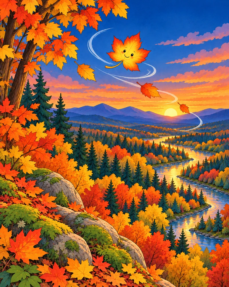 Hojita se mece suavemente sobre un bosque otoñal lleno de color y un río sinuoso al atardecer.
