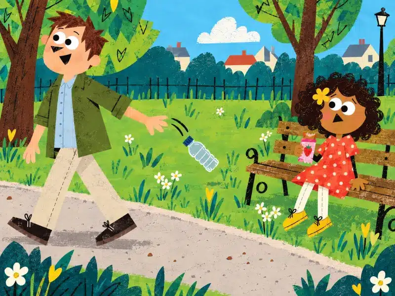 A man tosses an empty bottle onto the grass while Rose watches in surprise.