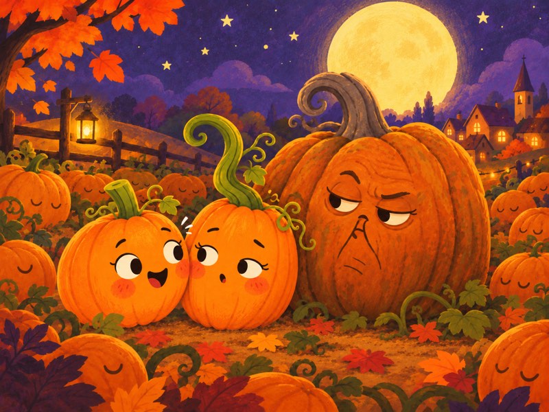 Orangeade whispers to sleepy Twisty under the moon while the older pumpkins rest